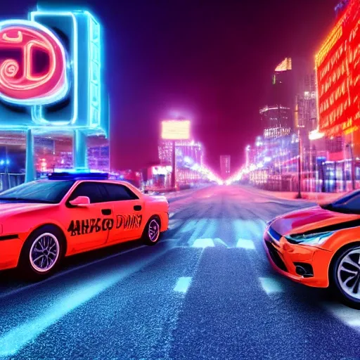 two cars making donuts around a police car, 4k HD, rose, night on the city, neon light., Trippy, 3D