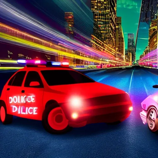 two cars making donuts around a police car, 4k HD, rose, night on the city, neon light, 3D