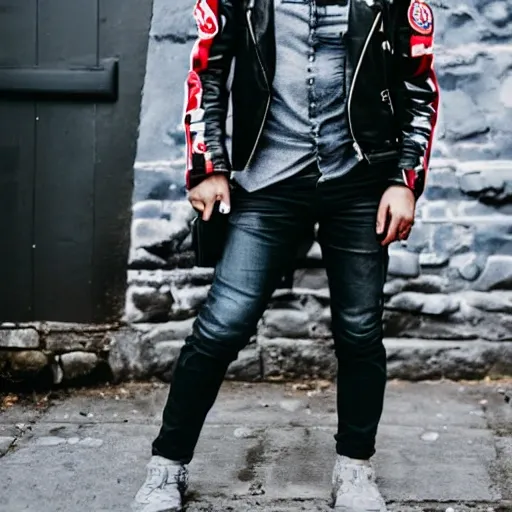 Man with black hair, dark sunglasses, biker jacket with ANZAC on it