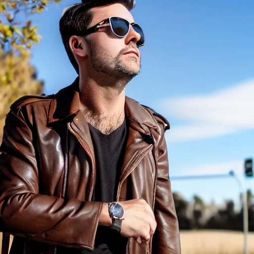 Man with dark hair, facing away, holding dark sunglasses, drawing, ANZAC on brown leather jacket