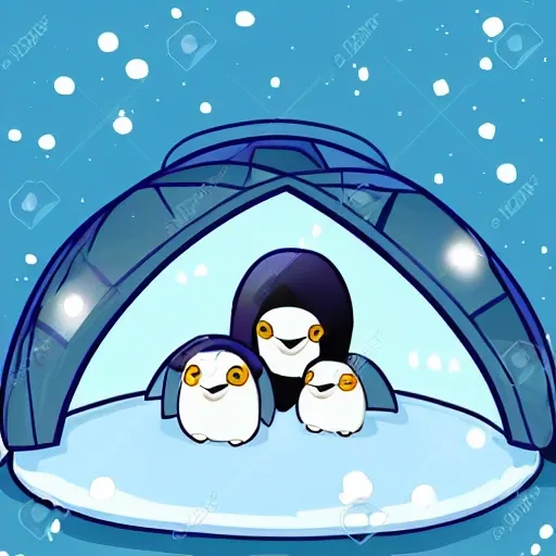 2 little baby puffy penguins in a igloo with a window, south pole background through the window,, Cartoon