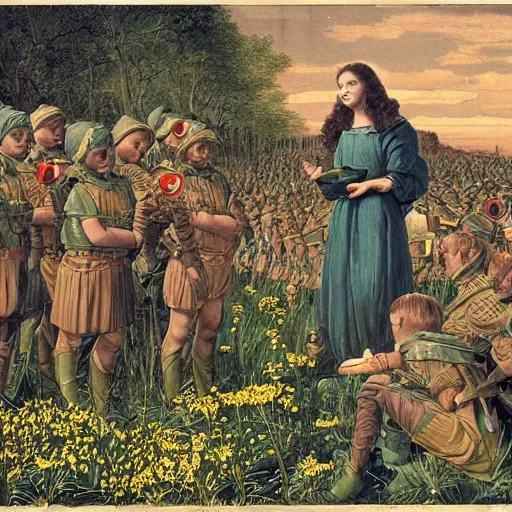 A girl of the year 3421, giving instructions to his Troops of The Dandelion,, Trippy