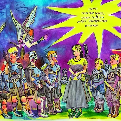 A girl of the year 3421, giving instructions to his Troops of The Davhraris, the future, imagination, Water Color, Water Color, Trippy, Trippy, Trippy, Cartoon, Cartoon