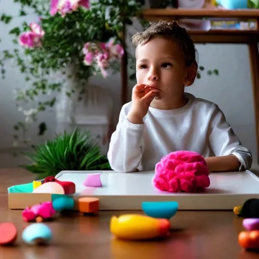 child sitting at a table, holding a thoughtful expression while surrounded by flowers and a toys, Soft and gentle lighting, creating a serene and introspective mood,
Sense of empathy and thoughtfulness