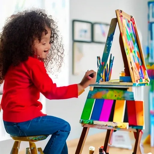 Creative child at an art easel, brainstorming ideas for a special surprise for Mom 
Colorful paints, books, demonstrating the child's imaginative approach 
Natural daylight illuminating the workspace, fostering inspiration and positivity  
Sense of anticipation and excitement 