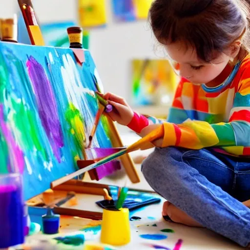 Illustrative Creative child at an art easel, brainstorming ideas for a special surprise for Mom 
Colorful paints, books, demonstrating the child's imaginative approach 
Natural daylight illuminating the workspace, fostering inspiration and positivity  
Sense of anticipation and excitement 