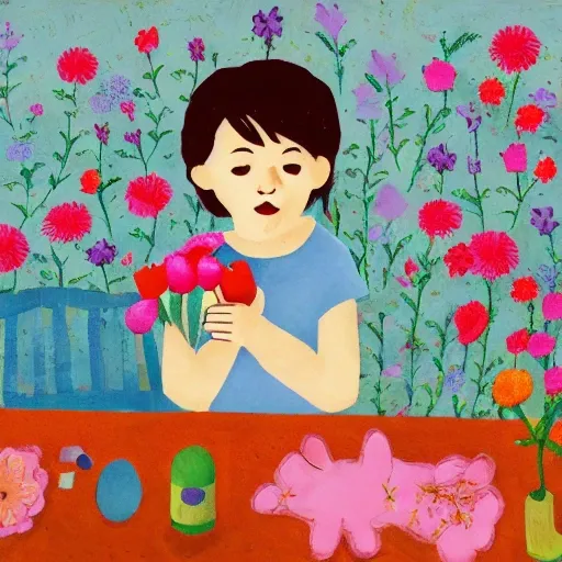 illustration child sitting at a table, holding a thoughtful expression while surrounded by flowers and a toys, Soft and gentle lighting, creating a serene and introspective mood,
Sense of empathy and thoughtfulness