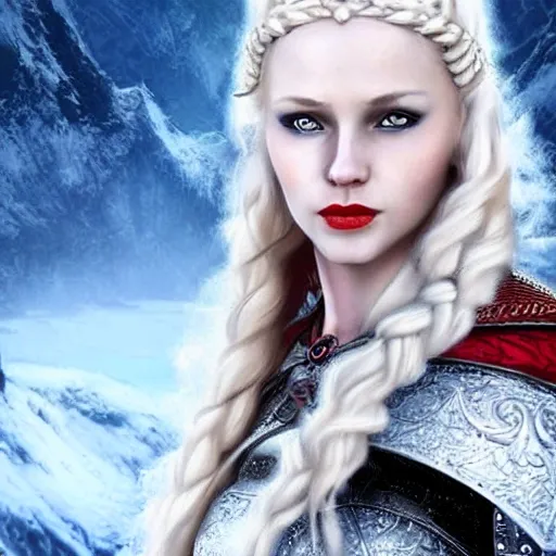 I want a female character, who is not NSFW, I want her to be white skinned, blue eyes, blonde hair, red lips and to be a warrior queen from a nordic kingdom in the background I want it to be snowing and all this must be in 3d and realistic ., 3D