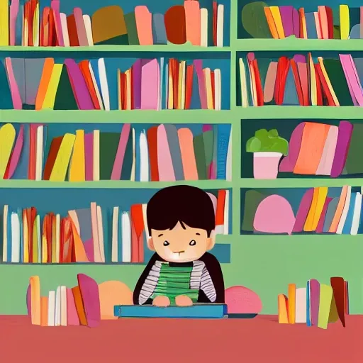 illustration child sitting at a table, holding a thoughtful expression while surrounded by books and a toys, Soft and gentle lighting, creating a serene and introspective mood,
Sense of empathy and thoughtfulness