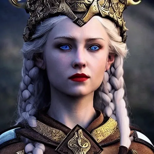 I want a female character, who is not NSFW, I want her to be white skinned, blue eyes, blonde hair, red lips and to be a warrior queen from a nordic kingdom in the background I want it to be snowing and all this must be in 3d and realistic ., 3D