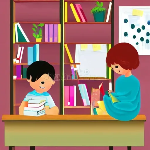 Illustration, child in the office, exploring books to prepare a special surprise for Mom 
flowers and books arranged neatly, reflecting the child's attention to detail 
Warm ambient lighting, creating a cozy and inviting atmosphere
Sense of nurturing and care