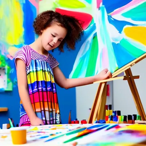 Illustrative Creative child at an art easel, brainstorming ideas for a special surprise for Mom 
Colorful paints, books, demonstrating the child's imaginative approach 
Natural daylight illuminating the workspace, fostering inspiration and positivity  
Sense of anticipation and excitement 