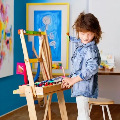 Illustrative Creative child at an art easel, brainstorming ideas for a special surprise for Mom 
Colorful paints, books, demonstrating the child's imaginative approach 
Natural daylight illuminating the workspace, fostering inspiration and positivity  
Sense of anticipation and excitement 