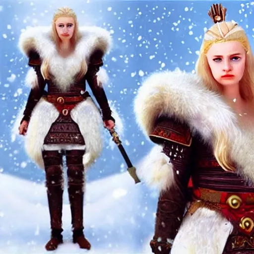 I want a female character, who is not NSFW, I want her to be white skinned, blue eyes, blonde hair, red lips and to be a warrior queen from a nordic kingdom in the background I want it to be snowing and all this must be in 3d and realistic ., 3D