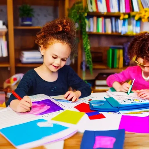 Illustrative Creative child at the table, brainstorming ideas for a special surprise for Mom 
Colorful, books, demonstrating the child's imaginative approach 
Natural daylight illuminating the workspace, fostering inspiration and positivity  
Sense of anticipation and excitement 