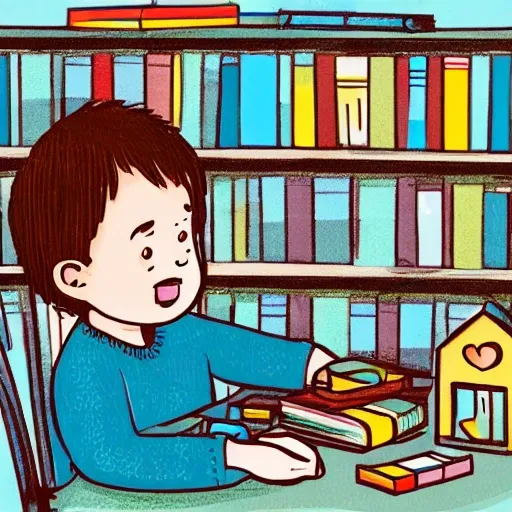 illustration child sitting at a table, holding a thoughtful expression while surrounded by books and a toys, Soft and gentle lighting, creating a serene and introspective mood,
Sense of empathy and thoughtfulness