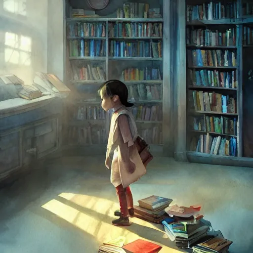 child in the office, exploring books, watercolor, warm colors, by greg rutkowski, iridescent accents, ray tracing, product lighting, sharp, smooth, masterpiece 