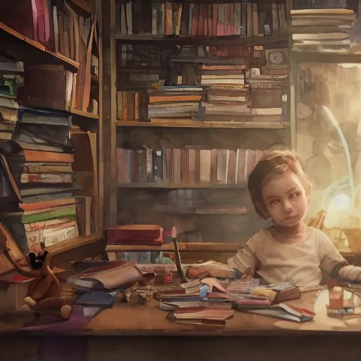 child sitting at a table, surrounded by books and a toys, watercolor, warm colors, by greg rutkowski, iridescent accents, ray tracing, product lighting, sharp, smooth, masterpiece