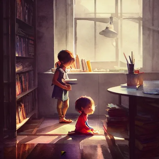 child in the office, exploring books, watercolor, warm colors, by greg rutkowski, iridescent accents, ray tracing, product lighting, sharp, smooth, masterpiece 