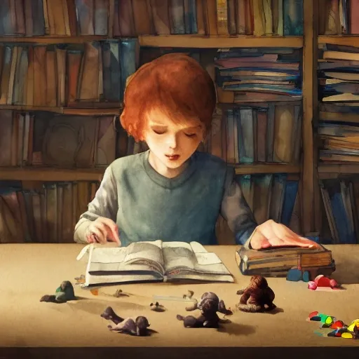 child sitting at a table, surrounded by books and a toys, watercolor, warm colors, by greg rutkowski, iridescent accents, ray tracing, product lighting, sharp, smooth, masterpiece