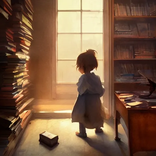 child in the office, exploring books, watercolor, warm colors, by greg rutkowski, iridescent accents, ray tracing, product lighting, sharp, smooth, masterpiece 