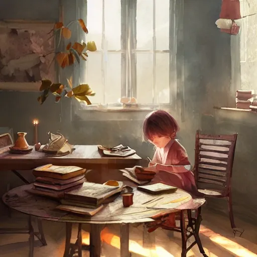 Illustrative Creative child at the table with books,watercolor, warm colors, by greg rutkowski, iridescent accents, ray tracing, product lighting, sharp, smooth, masterpiece