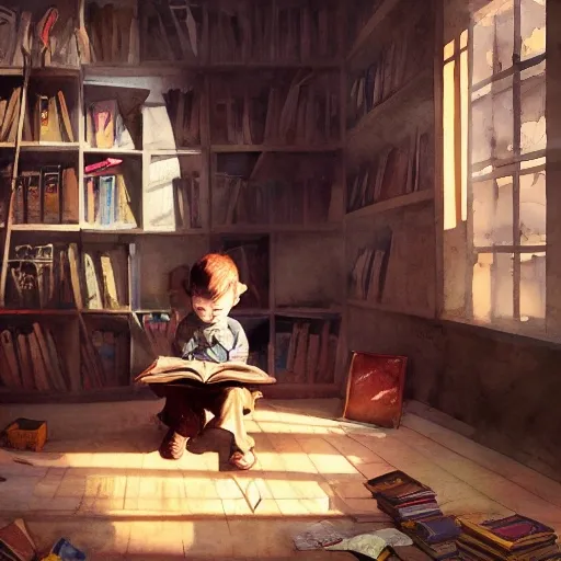 child in the office, exploring books, watercolor, warm colors, by greg rutkowski, iridescent accents, ray tracing, product lighting, sharp, smooth, masterpiece 