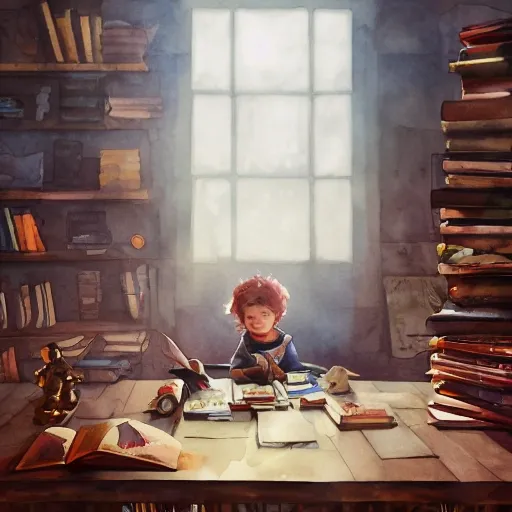 child sitting at a table, surrounded by books and a toys, watercolor, warm colors, by greg rutkowski, iridescent accents, ray tracing, product lighting, sharp, smooth, masterpiece