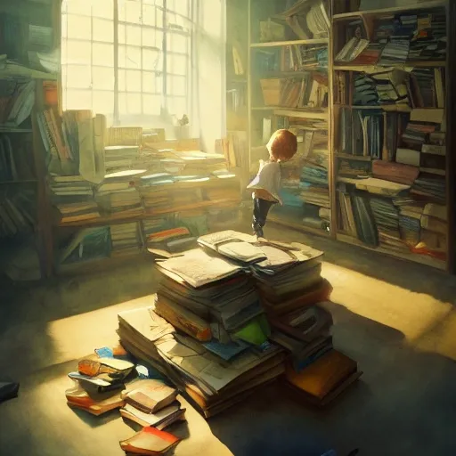 child in the office, exploring books, watercolor, warm colors, by greg rutkowski, iridescent accents, ray tracing, product lighting, sharp, smooth, masterpiece 