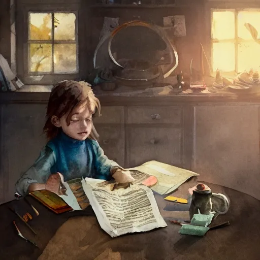 Illustrative Creative child at the table with books,watercolor, warm colors, by greg rutkowski, iridescent accents, ray tracing, product lighting, sharp, smooth, masterpiece