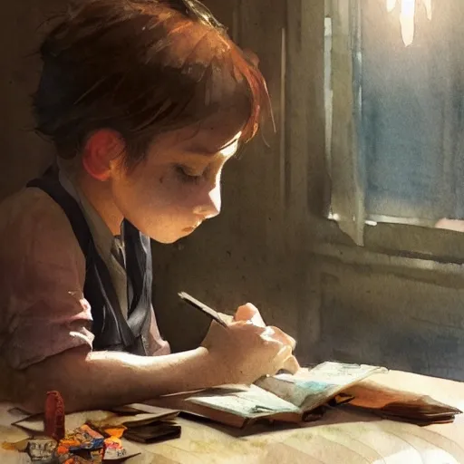 Illustrative Creative child at the table with books,watercolor, warm colors, by greg rutkowski, iridescent accents, ray tracing, product lighting, sharp, smooth, masterpiece