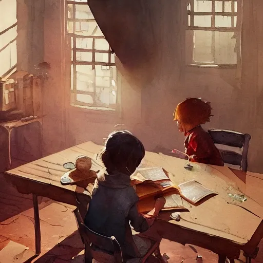 Illustrative Creative child at the table with books,watercolor, warm colors, by greg rutkowski, iridescent accents, ray tracing, product lighting, sharp, smooth, masterpiece