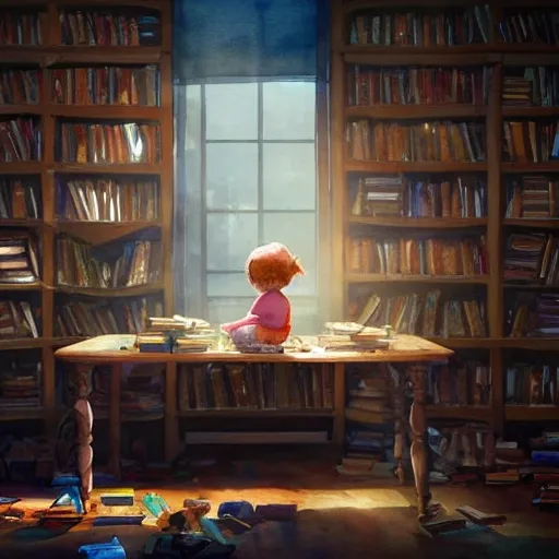 child sitting at a table, surrounded by books and a toys, watercolor, warm colors, by greg rutkowski, iridescent accents, ray tracing, product lighting, sharp, smooth, masterpiece