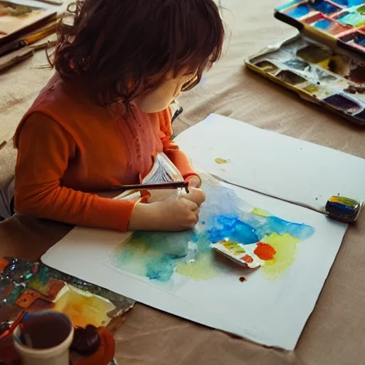 Illustrative Creative child at the table with books,watercolor, warm colors, by greg rutkowski, iridescent accents, ray tracing, product lighting, sharp, smooth, masterpiece