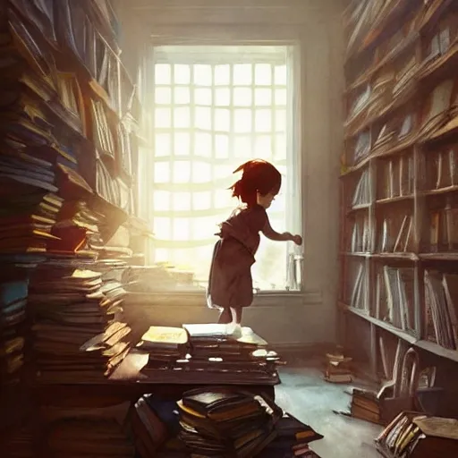 child in the office, exploring books, watercolor, warm colors, by greg rutkowski, iridescent accents, ray tracing, product lighting, sharp, smooth, masterpiece 