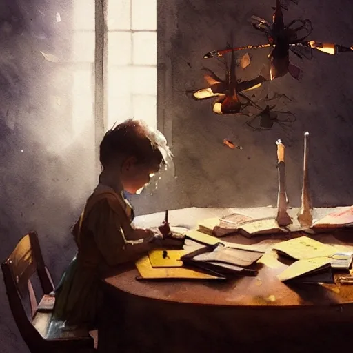 Illustrative Creative child at the table with books,watercolor, warm colors, by greg rutkowski, iridescent accents, ray tracing, product lighting, sharp, smooth, masterpiece