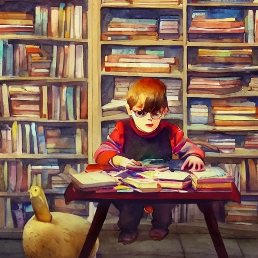 child sitting at a table, surrounded by books and a toys, watercolor, warm colors, by greg rutkowski, iridescent accents, ray tracing, product lighting, sharp, smooth, masterpiece