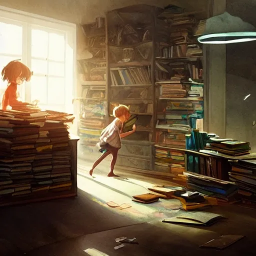 child in the office, exploring books, watercolor, warm colors, by greg rutkowski, iridescent accents, ray tracing, product lighting, sharp, smooth, masterpiece 