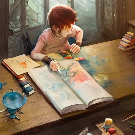 Illustrative Creative child at the table with books,watercolor, warm colors, by greg rutkowski, iridescent accents, ray tracing, product lighting, sharp, smooth, masterpiece