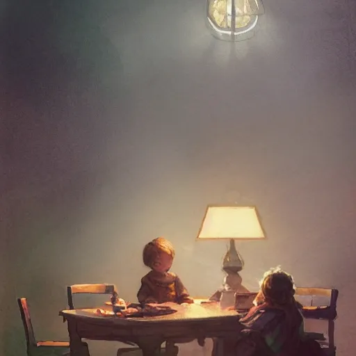 the child is sitting at the table and reading a book, there is a table lamp on the table, watercolor, warm colors, by greg rutkowski, iridescent accents, ray tracing, product lighting, sharp, smooth, masterpiece