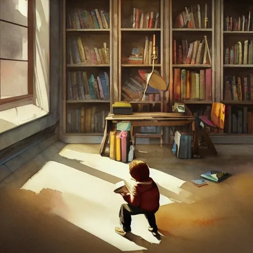 child in the office, exploring books, watercolor, warm colors, by greg rutkowski, iridescent accents, ray tracing, product lighting, sharp, smooth, masterpiece 