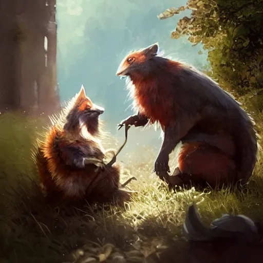 adorable animal characters engaging in acts of kindness, such as sharing and comforting, watercolor, warm colors, by greg rutkowski, iridescent accents, ray tracing, product lighting, sharp, smooth, masterpiece