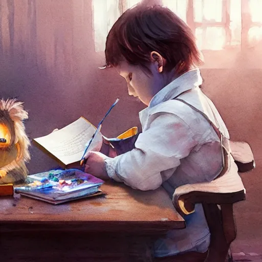 Illustrative child at the table with books, watercolor, warm colors, by greg rutkowski, iridescent accents, ray tracing, product lighting, sharp, smooth, masterpiece