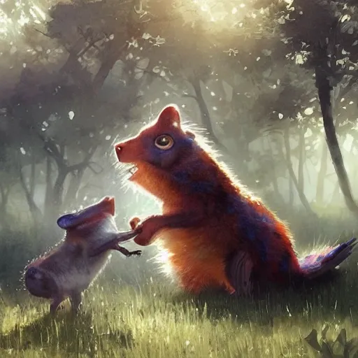 adorable animal characters engaging in acts of kindness, such as sharing and comforting, watercolor, warm colors, by greg rutkowski, iridescent accents, ray tracing, product lighting, sharp, smooth, masterpiece