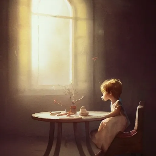 the child is sitting at the table and reading a book, there is a table lamp on the table, watercolor, warm colors, by greg rutkowski, iridescent accents, ray tracing, product lighting, sharp, smooth, masterpiece