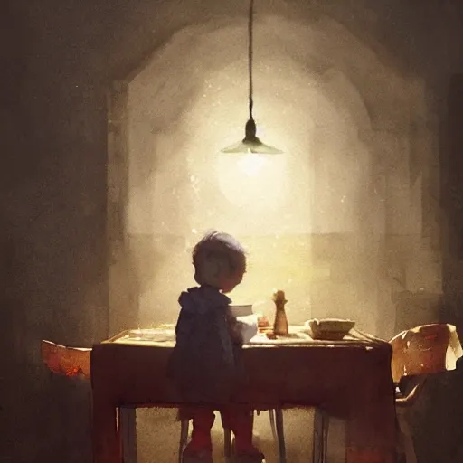 child at the table reading book, table light, watercolor, warm colors, by greg rutkowski, iridescent accents, ray tracing, product lighting, sharp, smooth, masterpiece