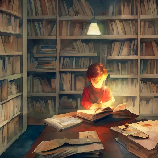 child in the office, exploring books, watercolor, warm colors, by greg rutkowski, iridescent accents, ray tracing, product lighting, sharp, smooth, masterpiece 