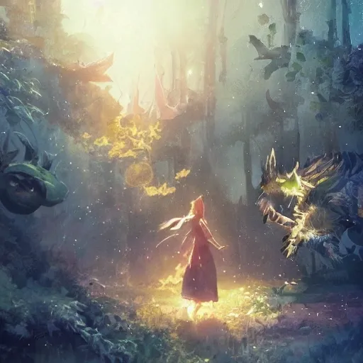 magical world filled with cute an kindful fantastical creatures, where kindness and joy are celebrated, watercolor, warm colors, by greg rutkowski, iridescent accents, ray tracing, product lighting, sharp, smooth, masterpiece