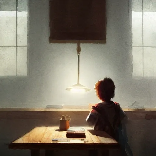 child at the table reading book, table light, watercolor, warm colors, by greg rutkowski, iridescent accents, ray tracing, product lighting, sharp, smooth, masterpiece