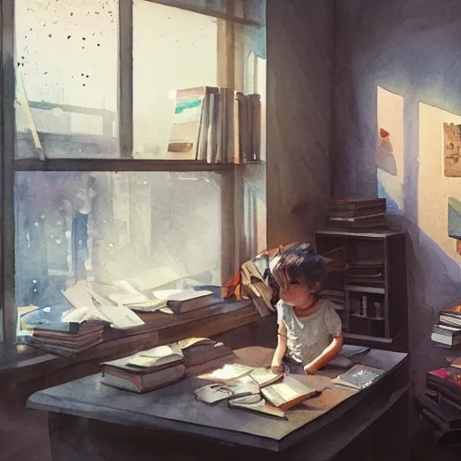 child in the office, exploring books, watercolor, warm colors, by greg rutkowski, iridescent accents, ray tracing, product lighting, sharp, smooth, masterpiece 